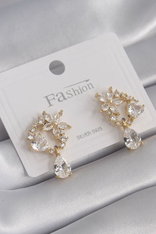 YRTCL Pirinç Gold Renk Zirkon Taşlı Çiçek Model Sallantı Detay Kadın Küpe