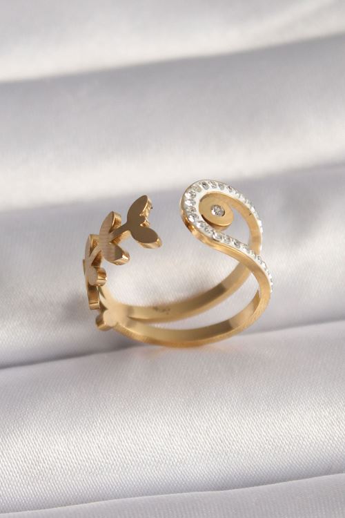 YRTCL 316L Çelik Gold Renk Zirkon Taşlı Yaprak Model Kadın Yüzük