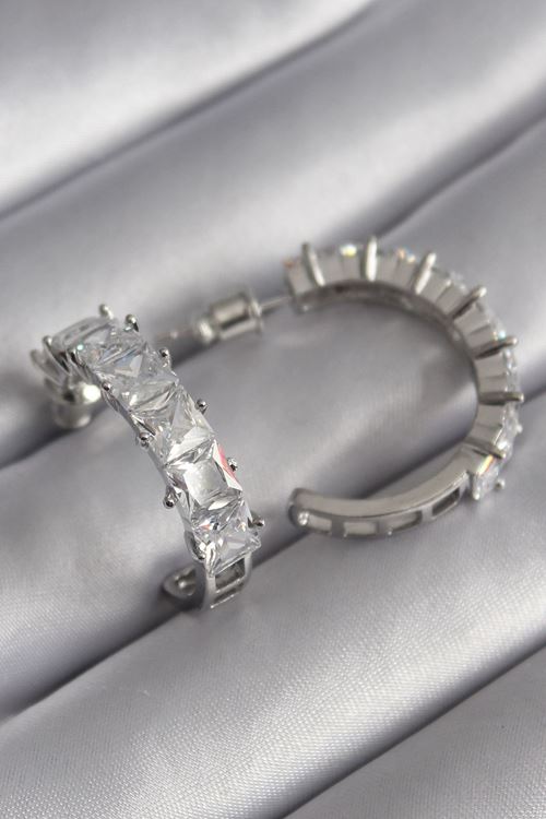 YRTCL Pirinç Gümüş Renk Zirkon Taşlı Halka Model Kadın Küpe