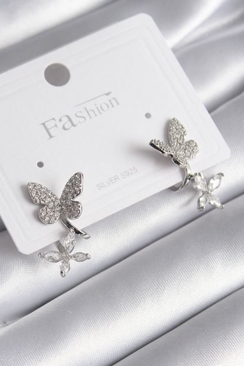 YRTCL Pirinç Gümüş Renk Zirkon Taşlı Kelebek Model Kadın Küpe