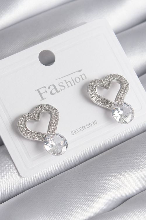 YRTCL Pirinç Gümüş Renk Zirkon Taşlı Kalp Model Damla Zirkon Taş Detay Kadın Küpe