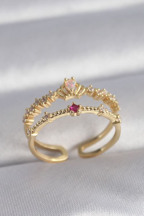 YRTCL Pirinç Gold Renk Zirkon Taşlı Taç Model Kadın Yüzük