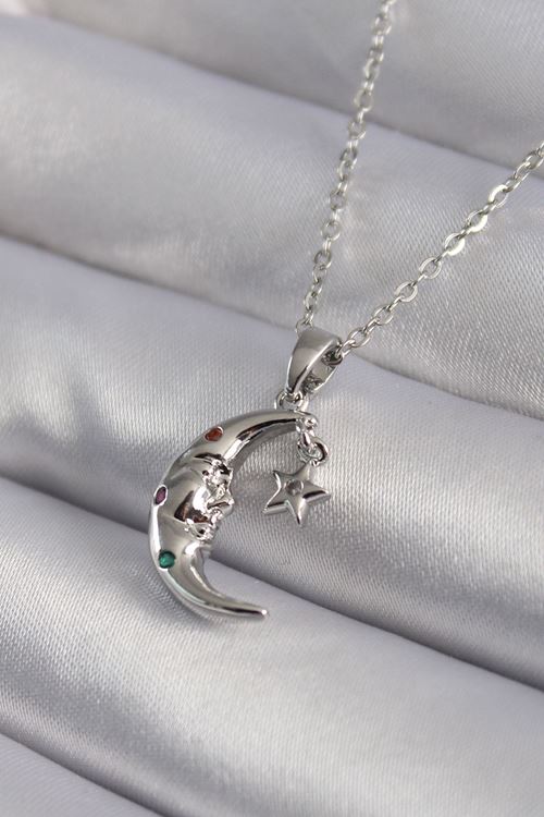 YRTCL 316L Çelik Gümüş Renk Zirkon Taşlı Ay Yıldız Model Kadın Kolye