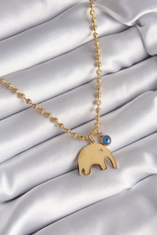 YRTCL 316L Çelik Gold Renk Top Zincir Model Fil Figür Nazar Boncuk Detay Kadın Kolye
