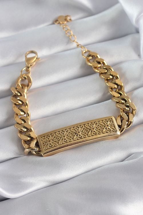 YRTCL 316L Çelik Gold Renk Zincir Model Motif İşleme Kadın Bileklik