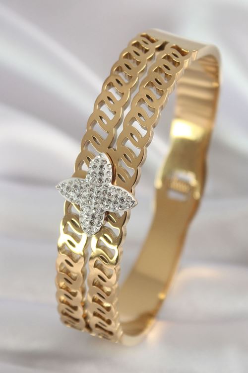 YRTCL 316L Çelik Gold Renk Zirkon Taşlı Çiçek Model Kadın Kelepçe