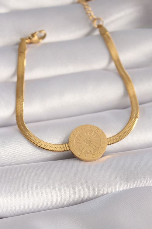 YRTCL 316L Çelik Gold Renk İtalyan Zincir Model İşlemeli Madalyon Figür Kadın Bileklik