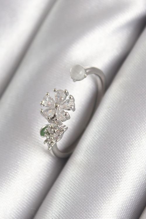 YRTCL Pirinç Gümüş Renk Zirkon Taşlı Çiçek Model Kadın Yüzük