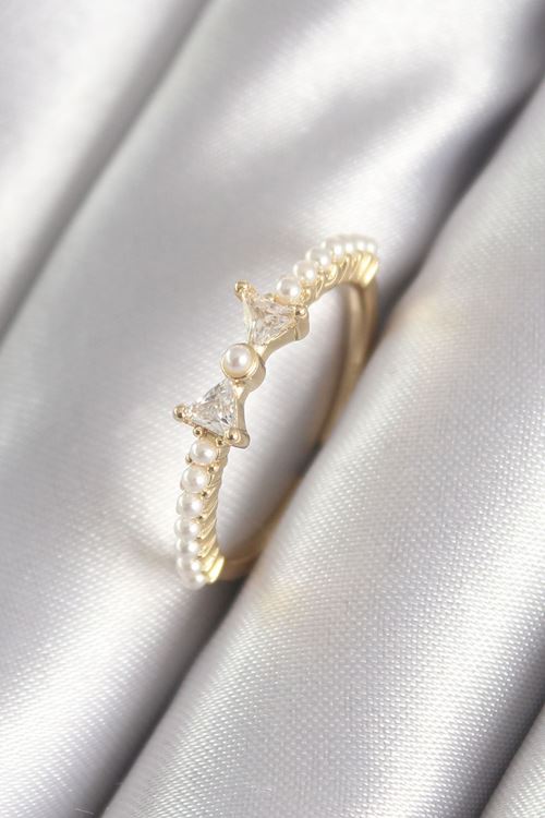 YRTCL Pirinç Gold Renk Zirkon Taşlı Kurdele İnci Detay Kadın Yüzük