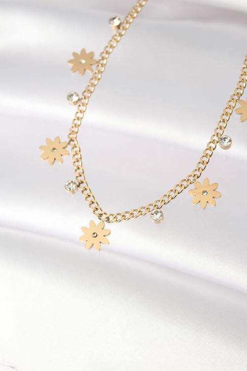 YRTCL 316L Çelik Taşlı Gold Renk Çoklu Çiçek Kolye
