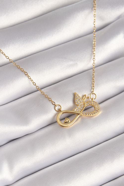 YRTCL 316L Çelik Gold Renk Zirkon Zincir Taşı Sonsuzluk Kelebek Model Kadın Kolye