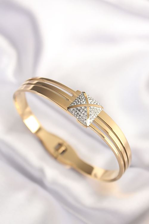 YRTCL 316L Çelik Zirkon Taşlı Gold Renk Kadın Kelepçe Bilezik