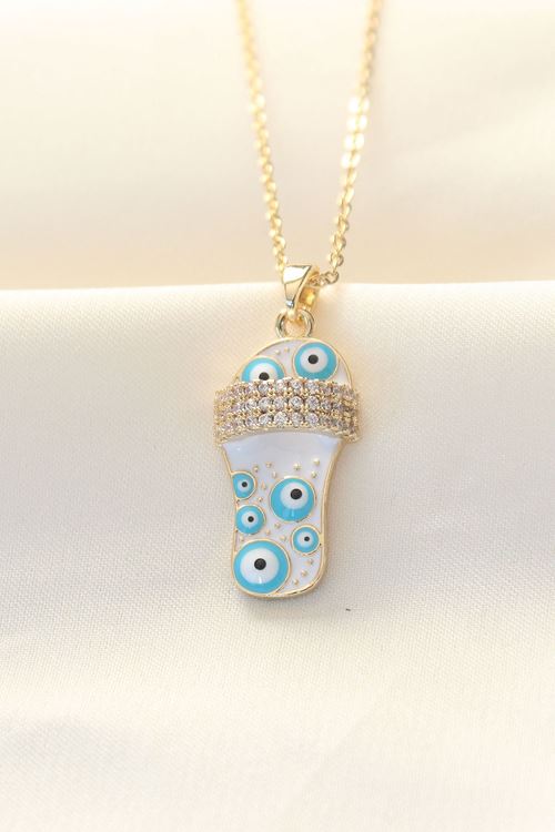 YRTCL 316L Zinciri Çelik Zirkon Taşlı Gold Renk Nazar Boncuklu Terlik Kolye