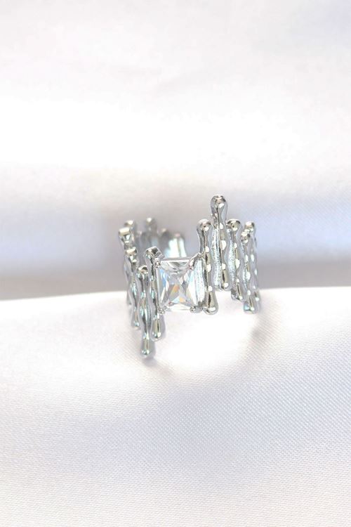 YRTCL Silver Renk Tırtıklı Kalın Baget Taş Tasarım Ayarlanabilir Yüzük