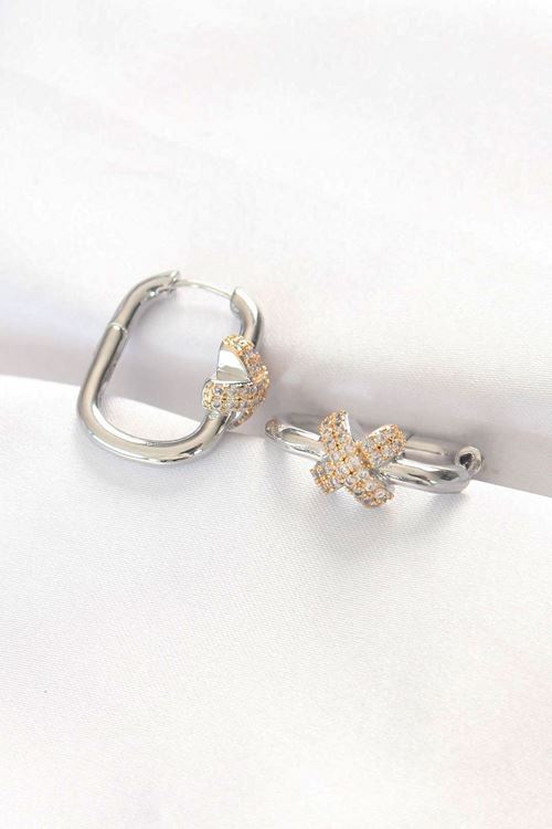 YRTCL Pirinç Çift Renk Taşlı X Tasarımlı Dikdörtgen Küpe