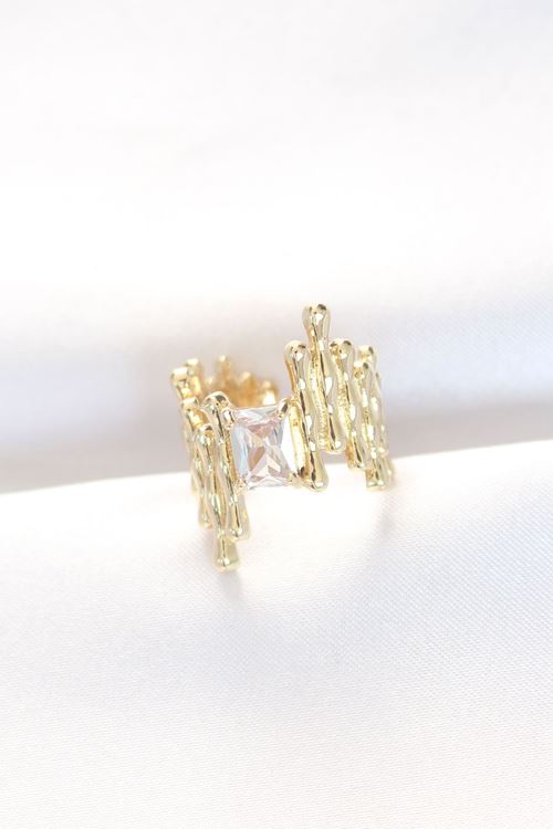 YRTCL Gold Renk Tırtıklı Kalın Baget Taş Tasarım Ayarlanabilir Yüzük