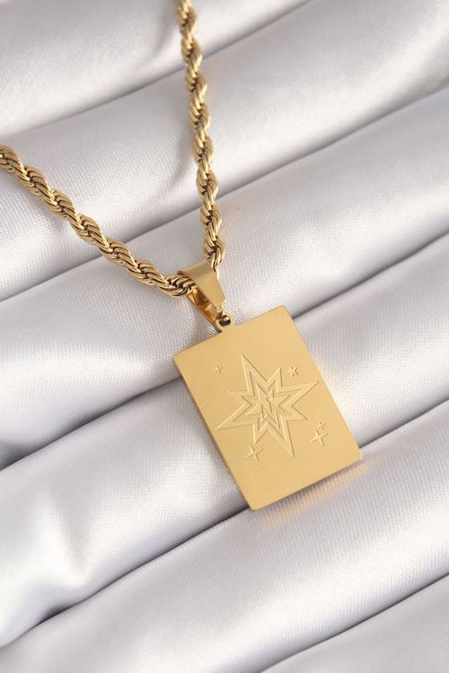 YRTCL 316L Çelik Gold Renk Burgu Zincir Kutup Yıldızı İşleme Plaka Figür Kadın Kolye