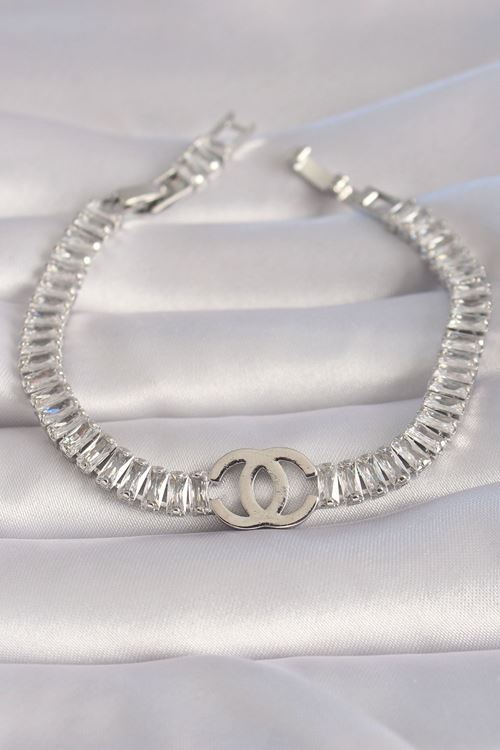 YRTCL Pirinç Gümüş Renk Zirkon Taşlı Su Yolu Model VIP Seri Kadın Bileklik