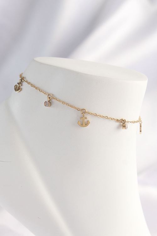 YRTCL 316L Çelik Gold Renk Zirkon Taşlı Minimal Çapa Tasarımlı Halhal