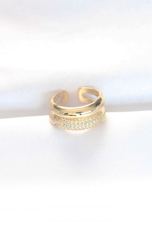 YRTCL 2li Görünümlü Zirkon Taşlı Gold Renk Ayarlanabilir Bombe Yüzük