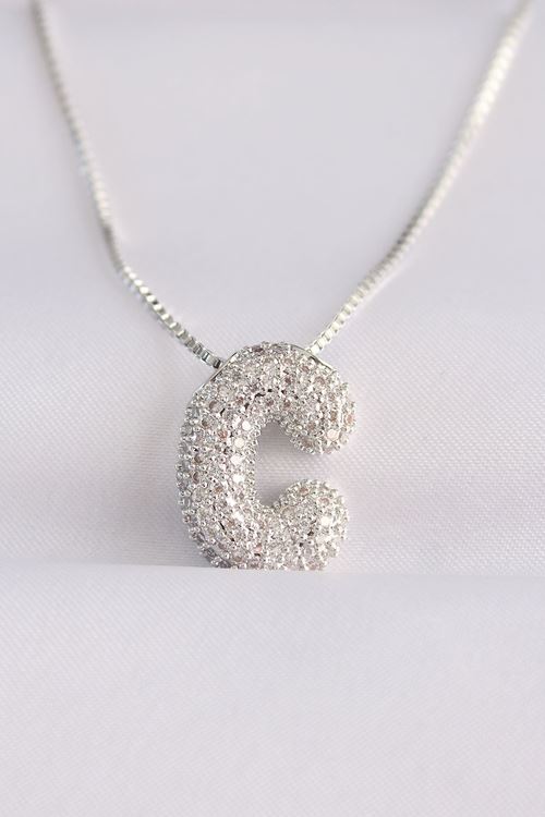 YRTCL 316L Çelik Zincirli Zirkon Taşlı C Harfli Silver Renk Bubble Kolye