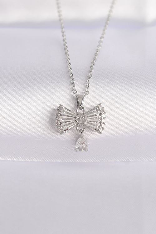 YRTCL 316L Çelik Zincir Gümüş Renk Zirkon Taşlı Kalp Detay Fiyonk Kolye