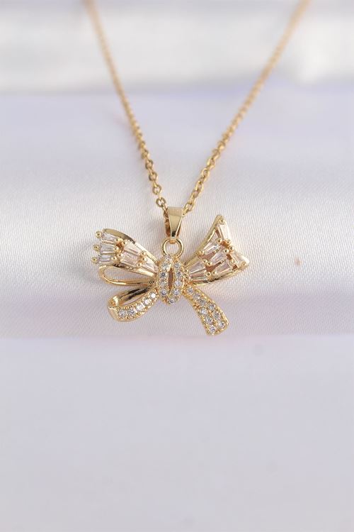 YRTCL 316L Çelik Zincir Altın Renk Zirkon Taşlı Fiyonk Kolye