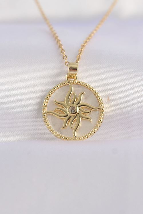 YRTCL 316L Çelik Zincir Altın Renk Zirkon Taşlı Oval Tasarım Güneş Kolye