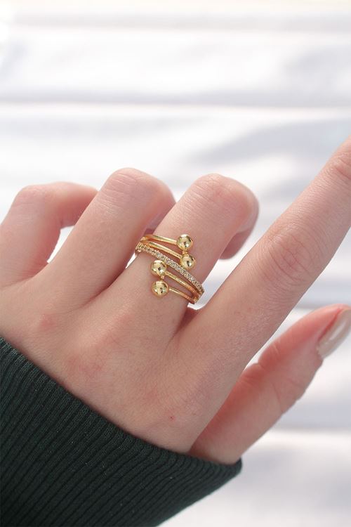 YRTCL Topçuk Model Zirkon Taşlı Gold Renk Ayarlanabilir Yüzük