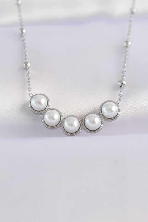 YRTCL 316L Çelik Zincir Gümüş Renk Sıralı İnci Taşlı Kolye