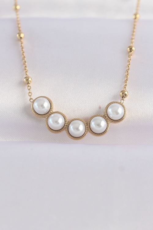 YRTCL 316L Çelik Zincir Altın Renk Sıralı İnci Taşlı Kolye