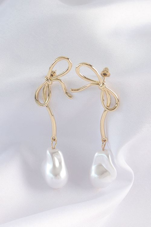 YRTCL Pirinç Gold Renk Fiyonk Model İnci Taşlı Uzun Küpe