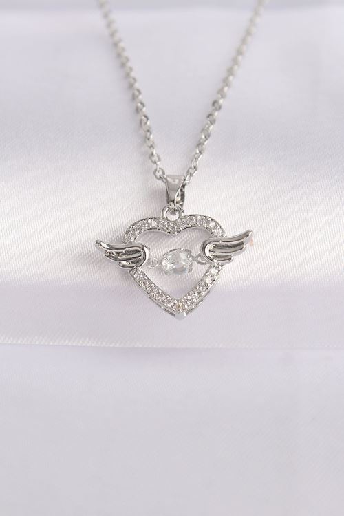 YRTCL 316L Çelik Zincir Gümüş Renk Zirkon Taşlı Kanatlı Kalp Kolye