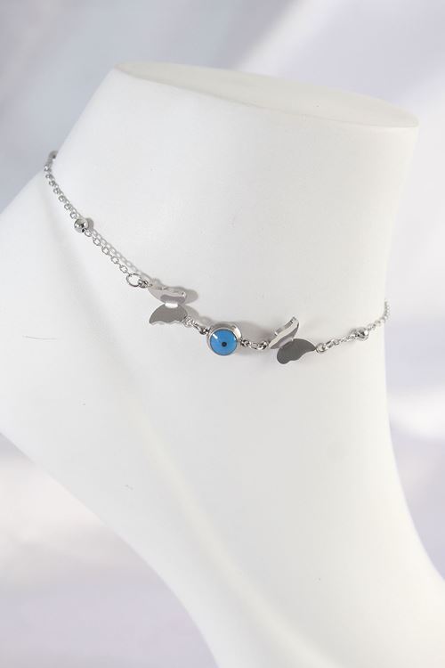 YRTCL 316L Çelik Gümüş Renk Nazar Boncuk Detay Kelebek Halhal