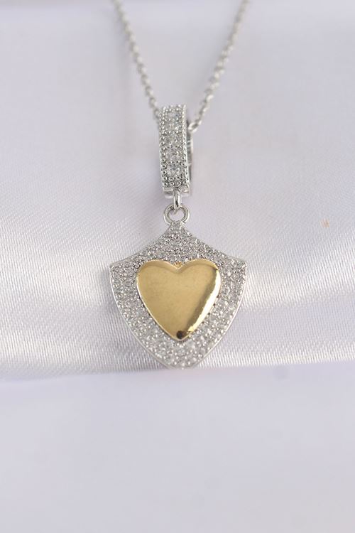 YRTCL 316L Çelik Zincir Gümüş Renk Zirkon Taşlı Tasarım Altın Renk Kalp Kolye