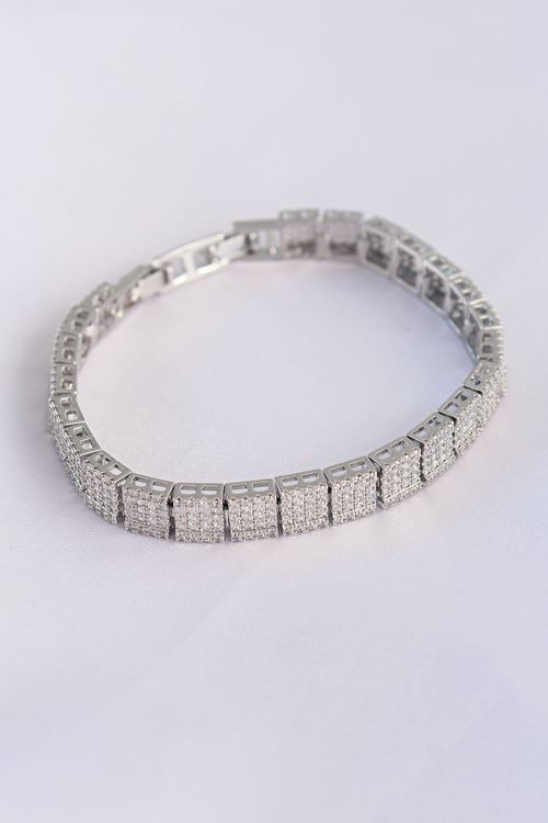 YRTCL Vip Seri Pirinç Zirkon Taşlı Gümüş Renk Kare Su Yolu Model Bileklik