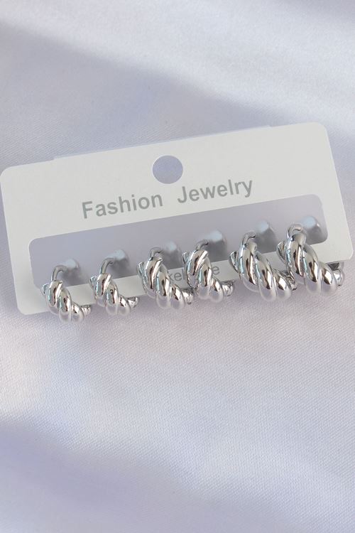 YRTCL Pirinç Gümüş Renk Minimal Tırtıklı Küpe Seti