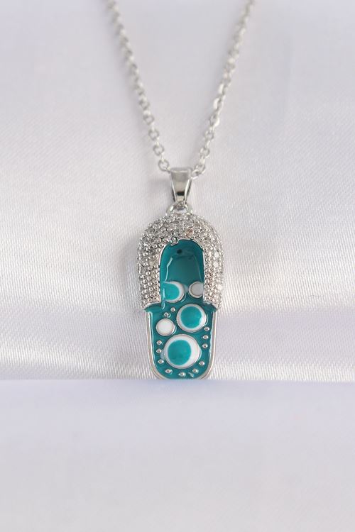 YRTCL 316L Çelik Zincir Zirkon Taşlı Gümüş Renk Nazarlı Terlik Tasarımlı Kolye