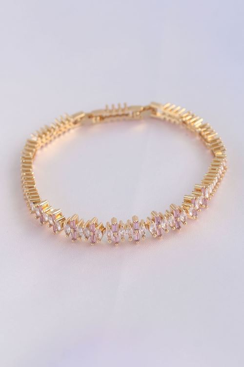 YRTCL Vip Seri Pirinç Pembe Zirkon Taşlı Gold Renk Baget Model Bileklik