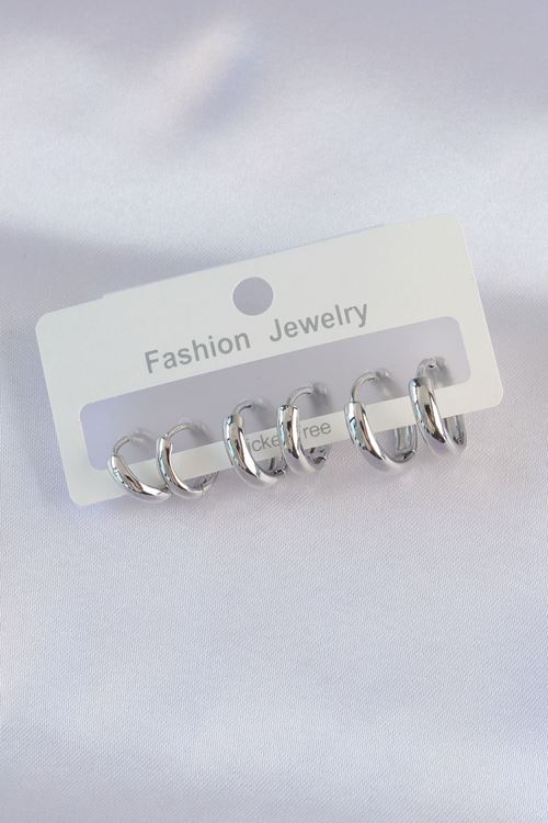 YRTCL Pirinç Gümüş Renk Oval Bombeli Küpe Seti