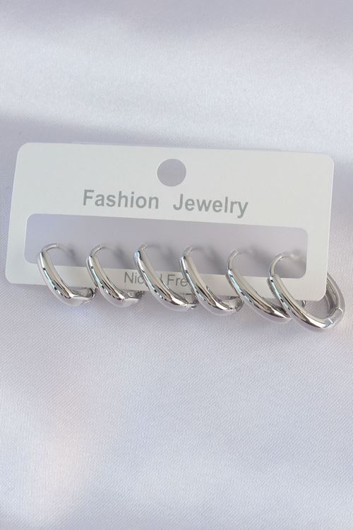 YRTCL Pirinç Gümüş Renk Oval Küpe Seti