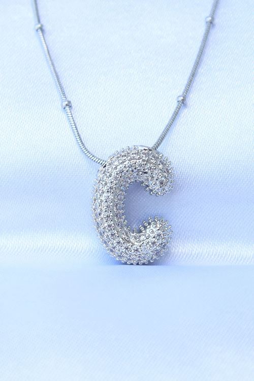 YRTCL 316L Çelik Zincirli Zirkon Taşlı C Harfli Gümüş Renk Bubble Kolye