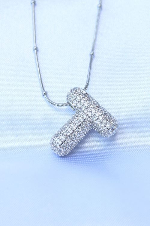 YRTCL 316L Çelik Zincirli Zirkon Taşlı T Harfli Gümüş Renk Bubble Kolye