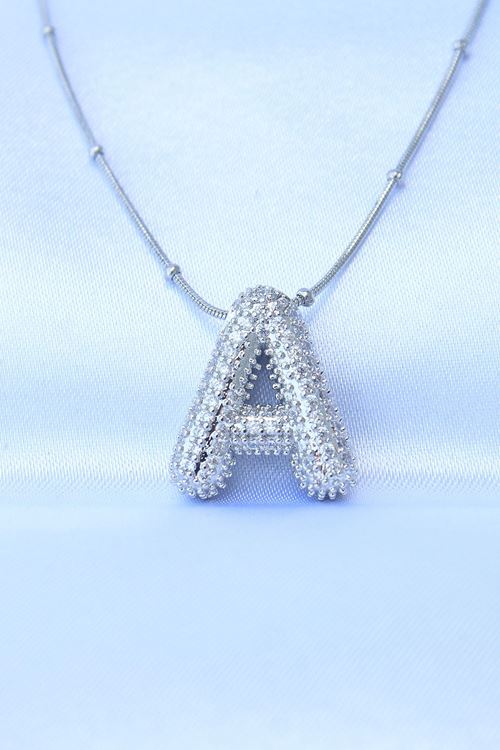 YRTCL 316L Çelik Zincirli Zirkon Taşlı A Harfli Gümüş Renk Bubble Kolye