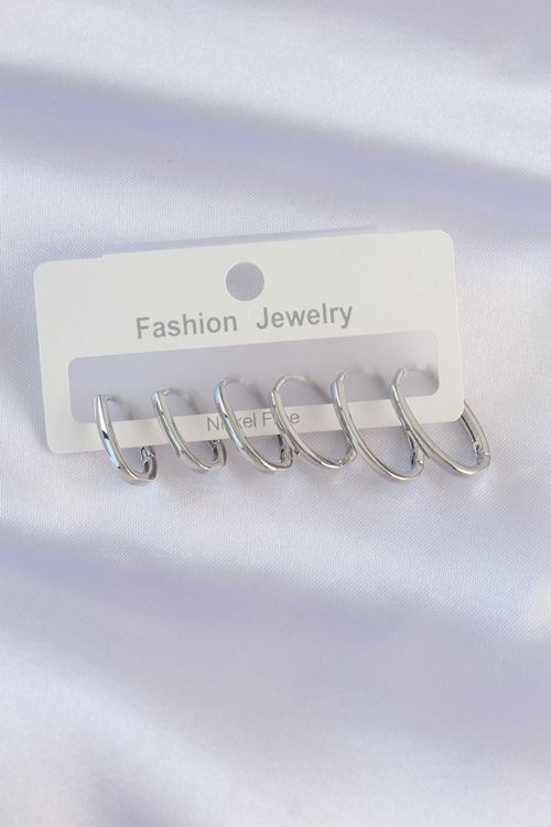 YRTCL Pirinç Gümüş Renk İnce Oval Küpe Seti