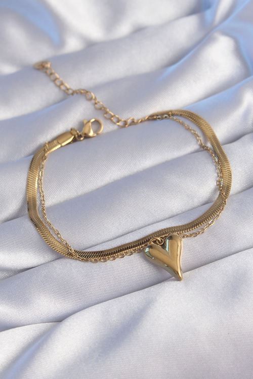 YRTCL 316L Çelik Gold Renk İtalyan Zincirli Kalp Model Bileklik