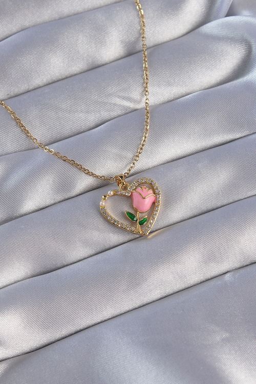 YRTCL 316L Çelik Zincirli Gold Renk Zirkon Taşlı Kalp İçinde Pembe Gül Tasarımlı Kolye