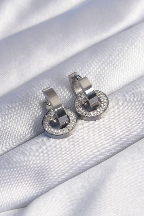 YRTCL 316L Çelik Gümüş Renk Zirkon Taşlı İç İçe Geçmeli Oval Küpe