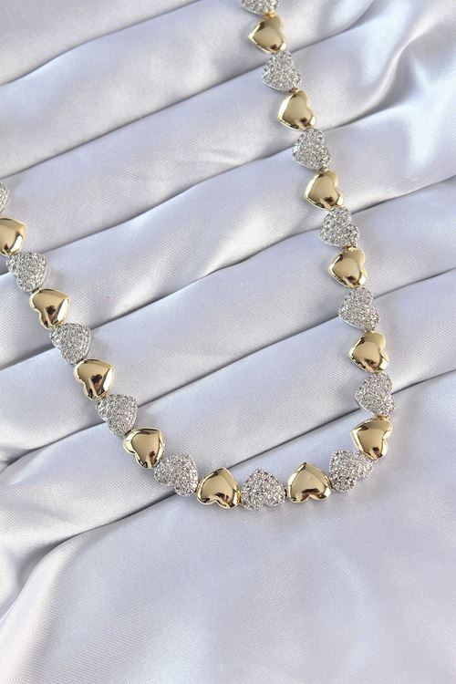 YRTCL Vip Seri Pirinç Çift Renk Zirkon Taşlı Kalp Tasarımlı Kolye