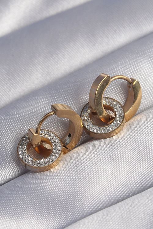 YRTCL 316L Çelik Gold Renk Zirkon Taşlı İç İçe Geçmeli Oval Küpe
